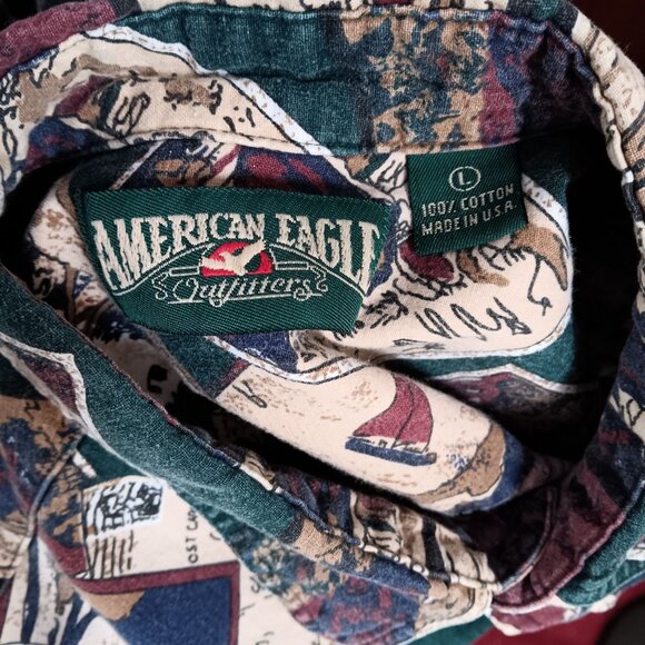 Vintage Men's Shirt Large American Eagle Outfitters Cotton Postcard Print USA - Picture 5 of 5